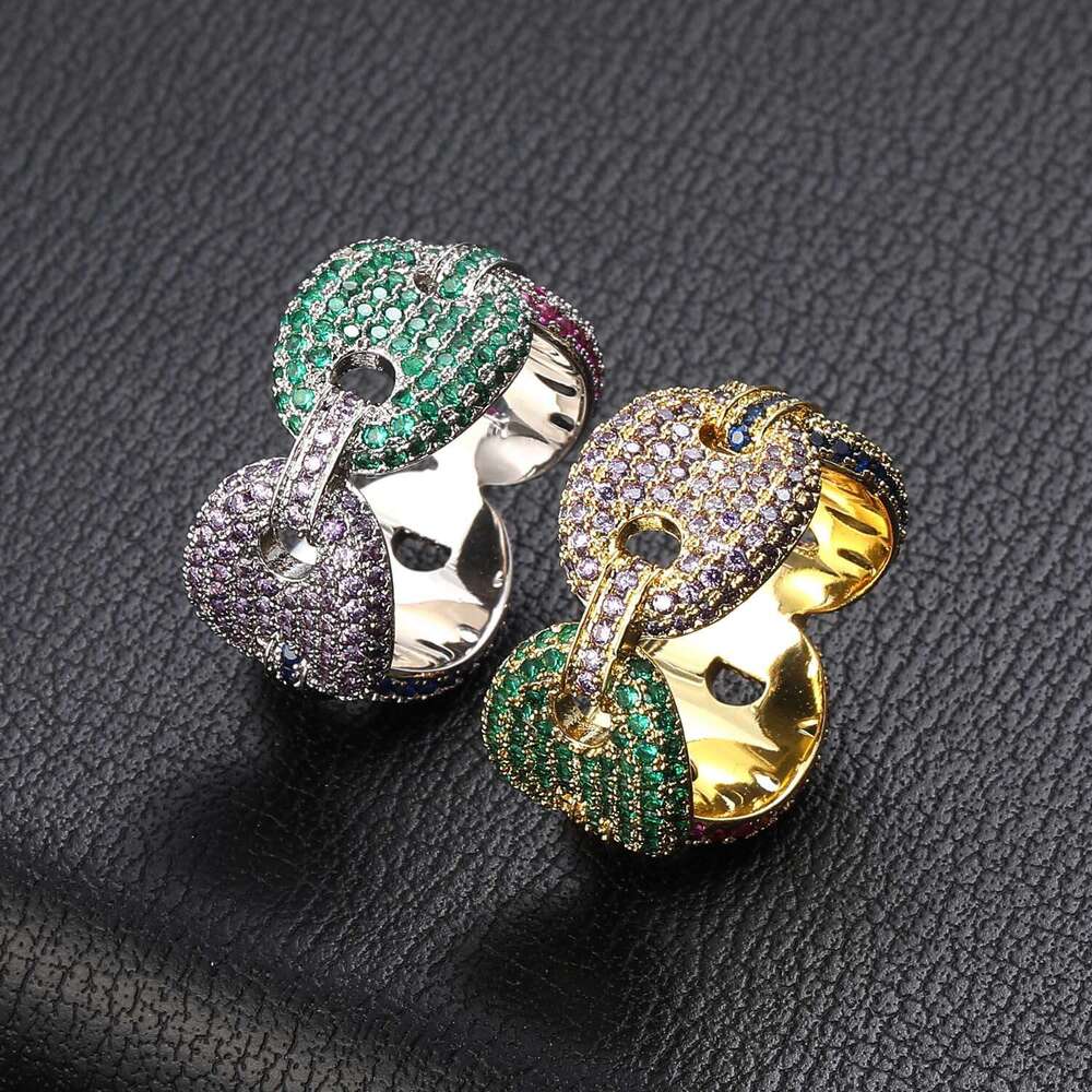 Hip-Hop Men's New Coffee Bean Micro-Inlaid Colorful Zircon Pig Nose Personality Ring