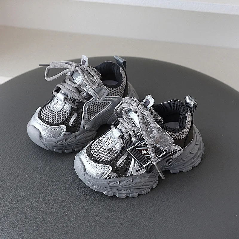 Children Sport Shoes Spring Autumn Kids Sneakers Soft Breathable Mesh Shoes Boys Girls Lace-up Running Shoes Gray Black 260508