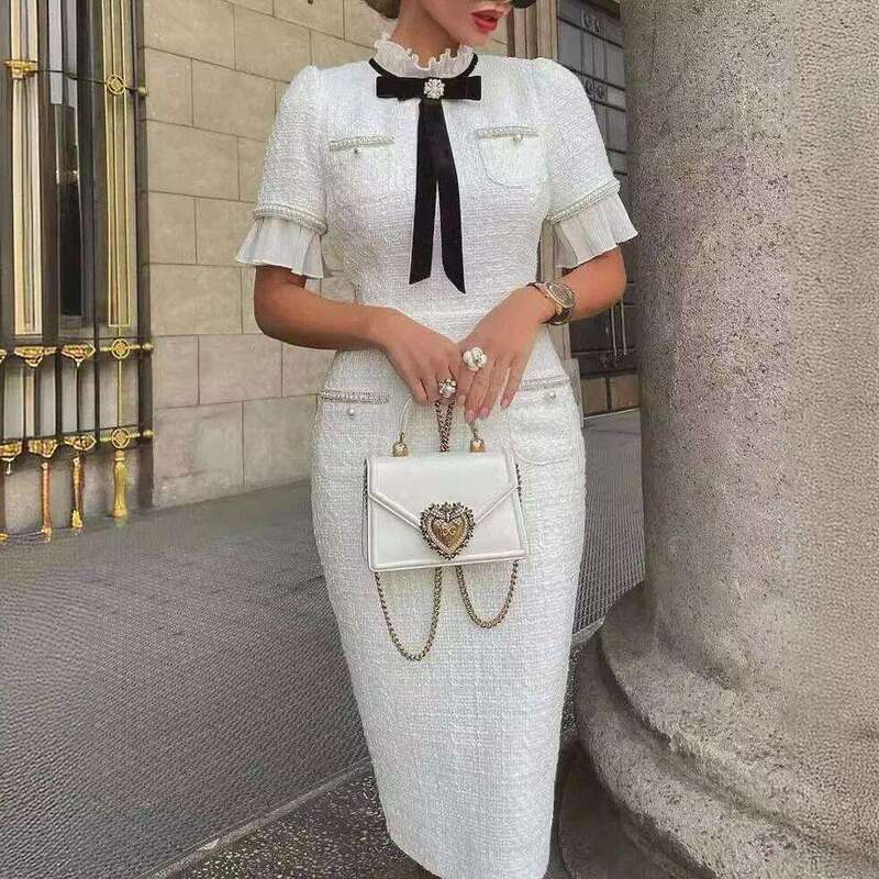 Luxury Dress Designer Dresses For Women Clothing Ladies Casual Dresses Party Dress Elegant Round Neck Short Sleeves Bow Ruffle Hem Beaded Fashion Fair