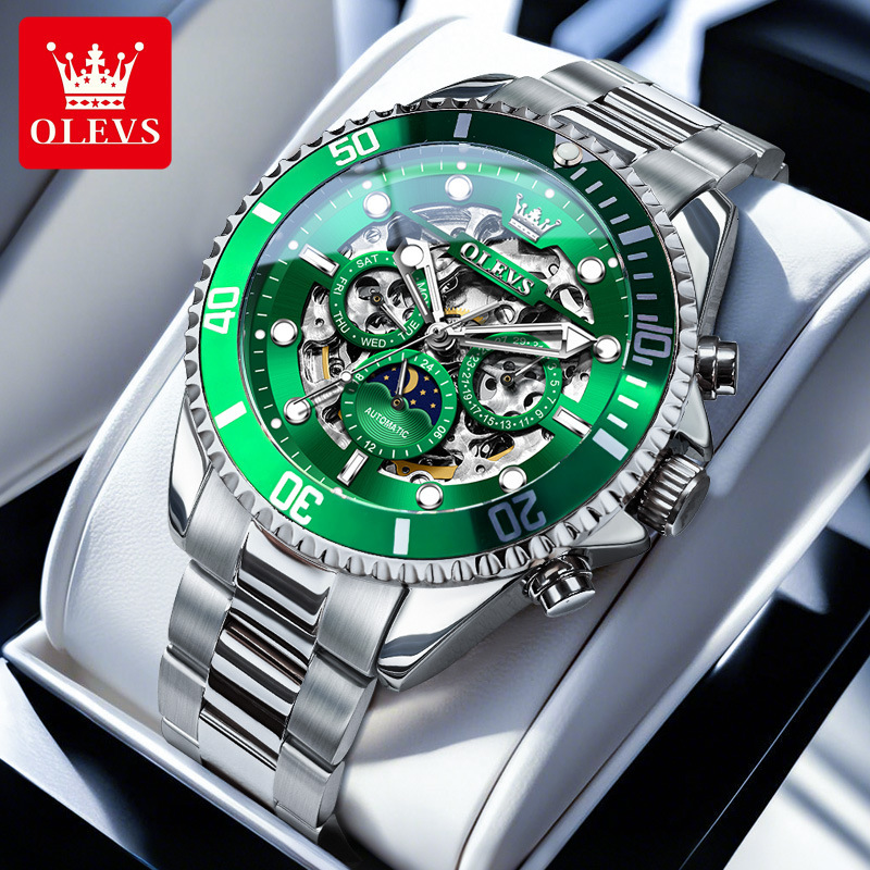 OLEVS Tourbillon Dial Stainless Steel Strap Waterproof Luminous Designer Men Mechanical Watch Skeleton ultifunctional Business Casual Automatic Wristw