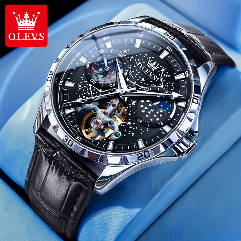 OLEVS Designer Men Mechanical Watch Starry Sky Skeleton Tourbillon Dial Stainless Steel Leather Strap Waterproof Luminous Business Automatic Wristwatc