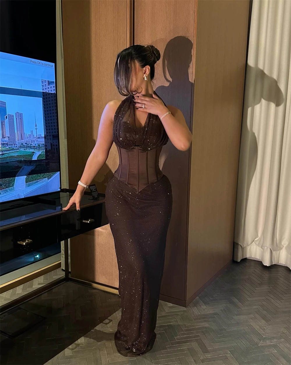 Contessa Custom evening dress sexy halter prom dress formal gown party dress glitter mesh V neck corset waist sequin maxi sheath 260507 - view 3