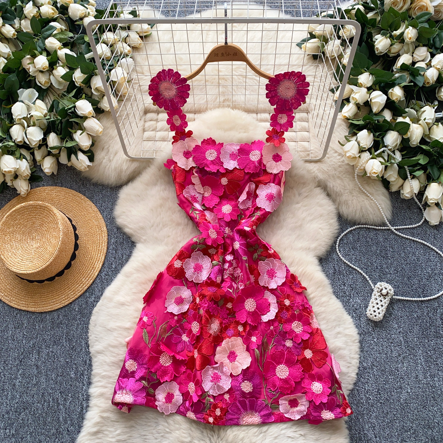 Floral Embroidery Tulle Cami Dress A Line Slim Fit Mini Dress for Women 2025 Summer French Style Party Casual Beach Vacation Outfit Bohemian Inspired 