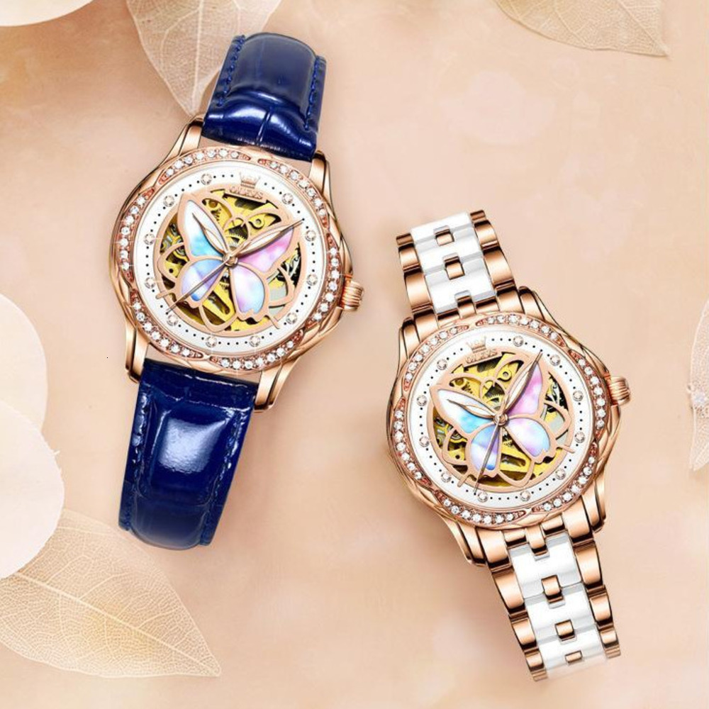 OLEVS Luxury Rose Gold Wristwatch Elegant Ladies Dress Watch Gift Set Designer Women Mechanical Watch Butterfly Skeleton Dial Diamond Inlaid Ceramic S