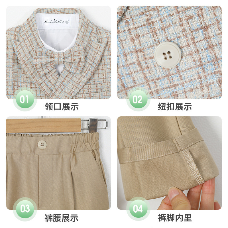 Childrens Houndstooth Formal Suit Set Boys Wedding Birthday Party Champagne Costume Kids Double Breasted Blazer Pants Clothes 241106