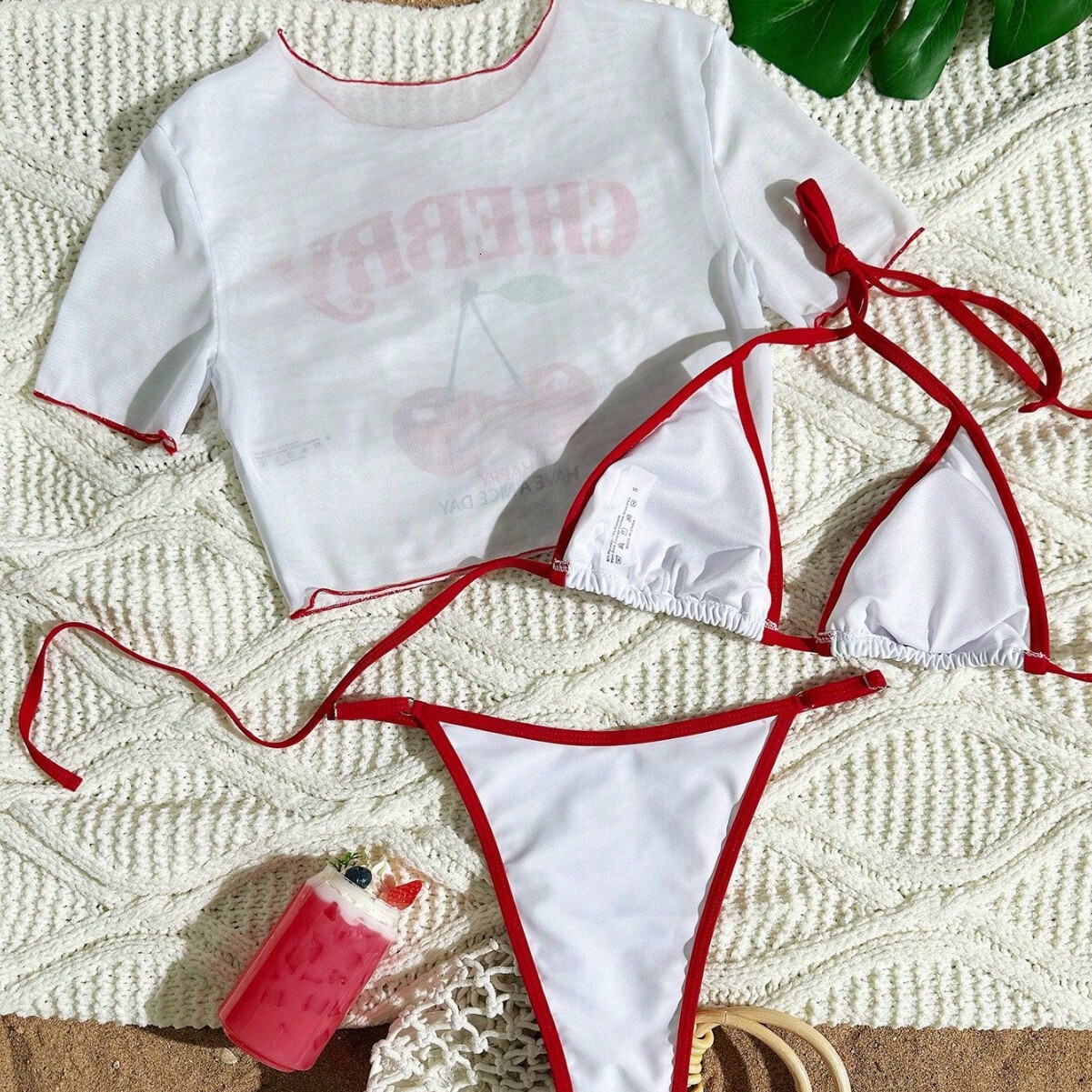 Designer Cherry Print 3 Piece Bikini Set with Short Sleeve Cover Up Crop Top High Cut Triangle Bottoms Tie Side Bathing Suit for Women Beachwear Pool 