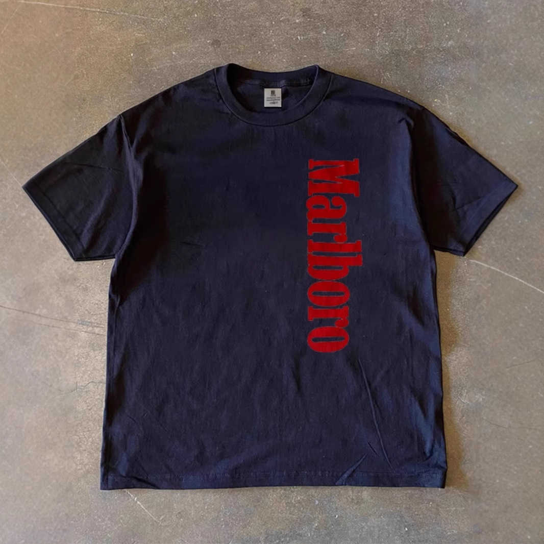 250g trendy Marlboro printed short-sleeve mens t-shirt summer pure cotton round neck non-transparent non-pilling
