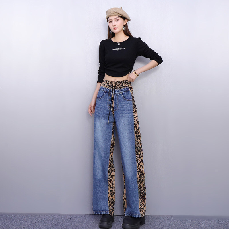 Classic Retro Leopard Print Patchwork Designer Jeans For Women Loose Fit Slimming Fashionable Casual Versatile Straight Leg Pants