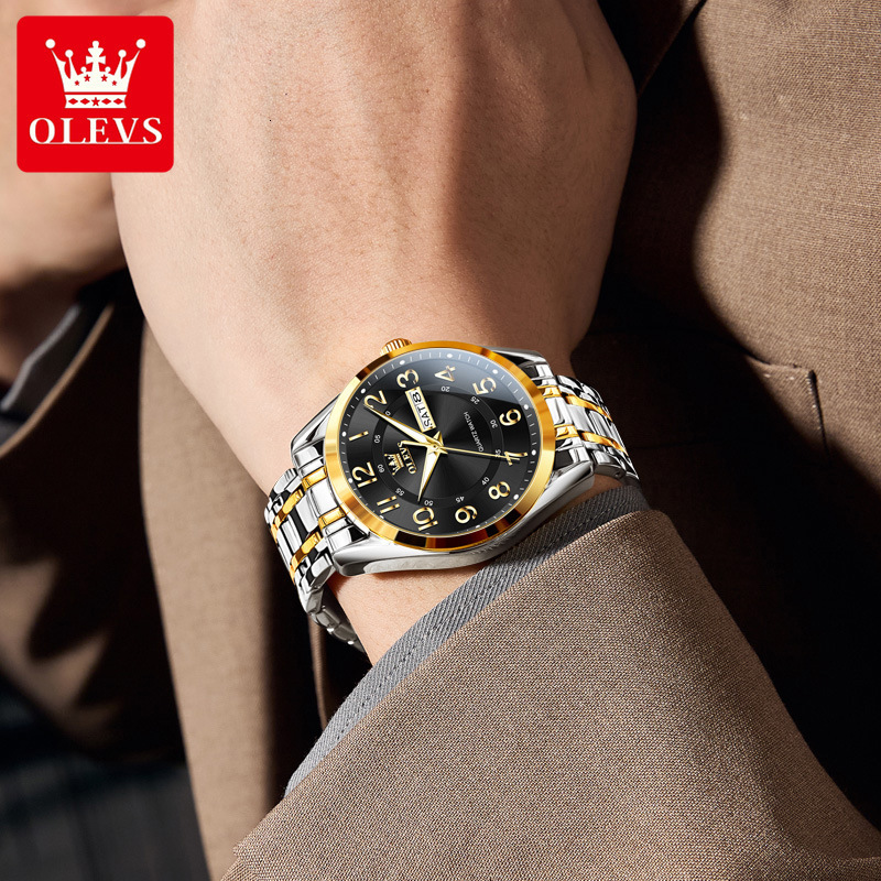 OLEVS Designer Mens Watch Round Dial Day Date Stainless Steel Quartz Wristwatch Waterproof Luminous Business Multi Color For Men