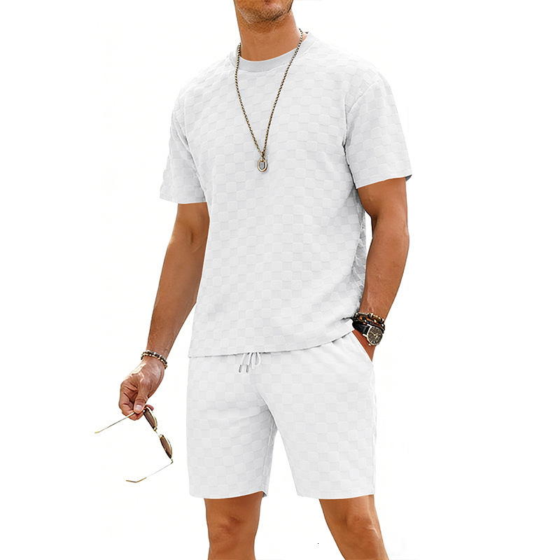 Designer 2026 Summer Checkered Men's Short-sleeve Heavy Weight Loose Luxury Fit Drop Shoulder Round Neck Casual T-shirt And Shorts Set Free Shipp