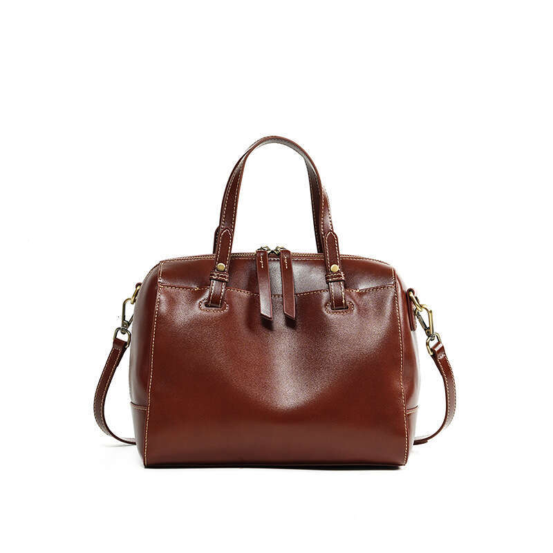 Korean Style Large Capacity Niche Versatile Handbag For Women Top Layer Vegetable Tanned Leather High End Bowling Boston Bag SENYY