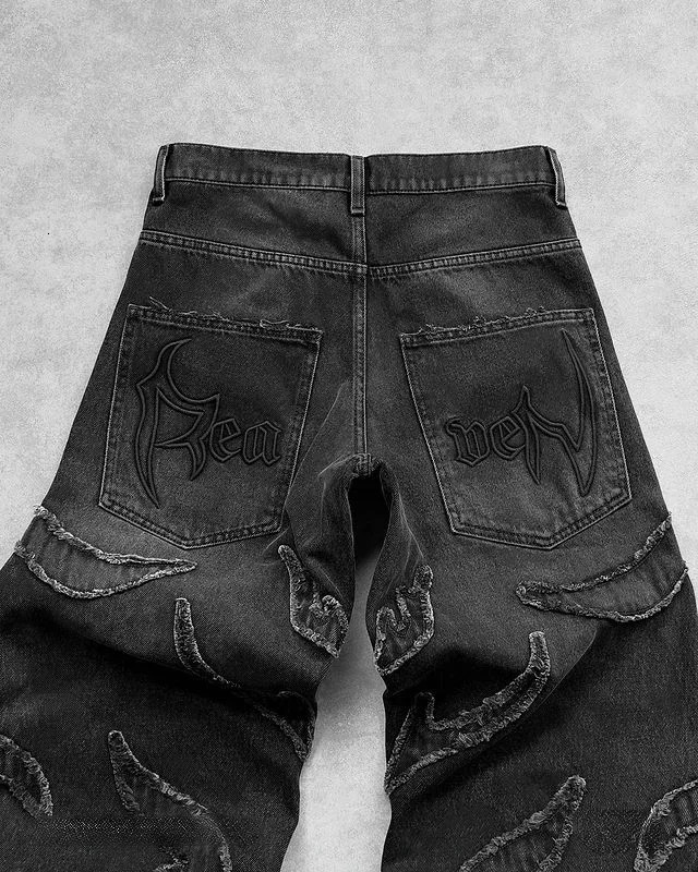 Y2K Harajuku Retro Graphic Patch Jeans Hip Hop Gothic Raw Edge Embroidery Black Baggy Wide Leg Denim Pants Mens Womens 260509