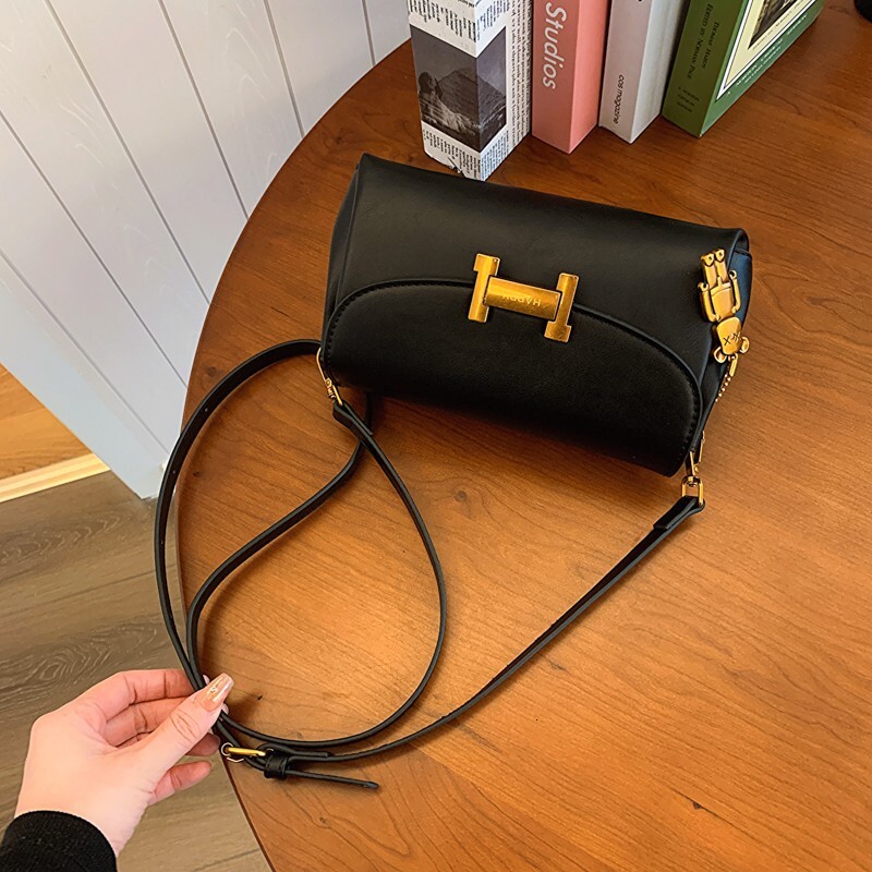 Retro Buckle Leather Crossbody Bag With Gold Hardware In Black And Brown - view 5