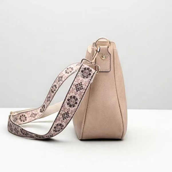 2026 New Retro Vegan Leather Crossbody Bag Brown Casual Hobo Purse with Bohemian Floral Wide Strap Wholesale