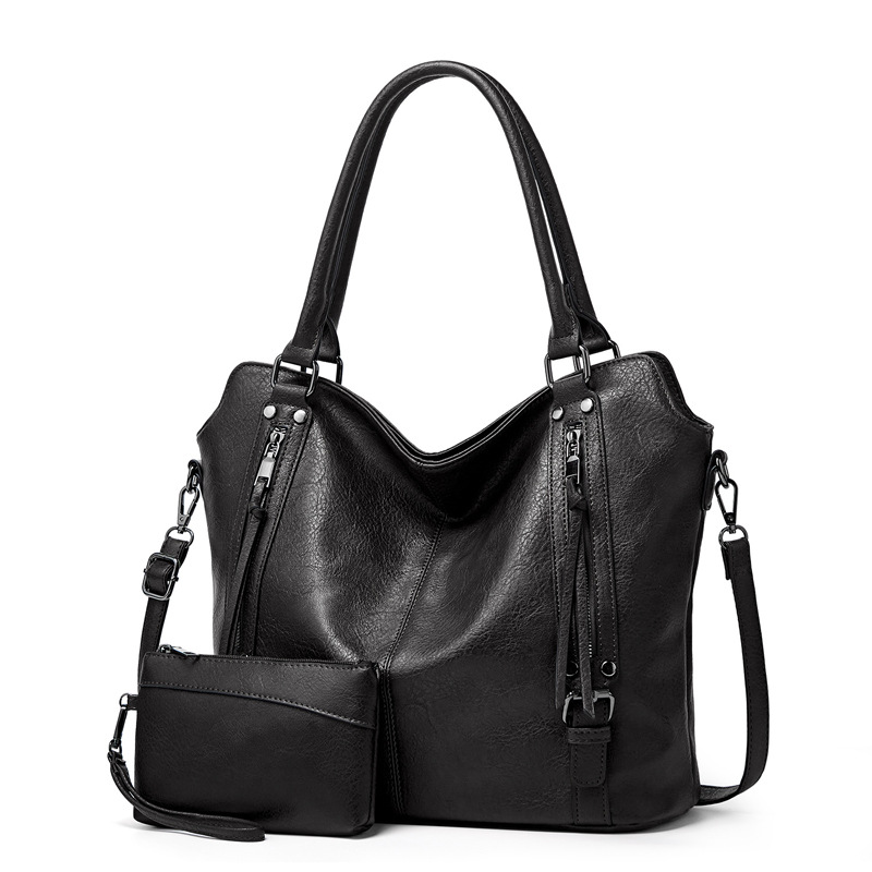 2026 New Womens Black Soft Leather Tote Bag Set Large Capacity Handbag with Detachable Strap and Coin Purse, Wholesale free shipping