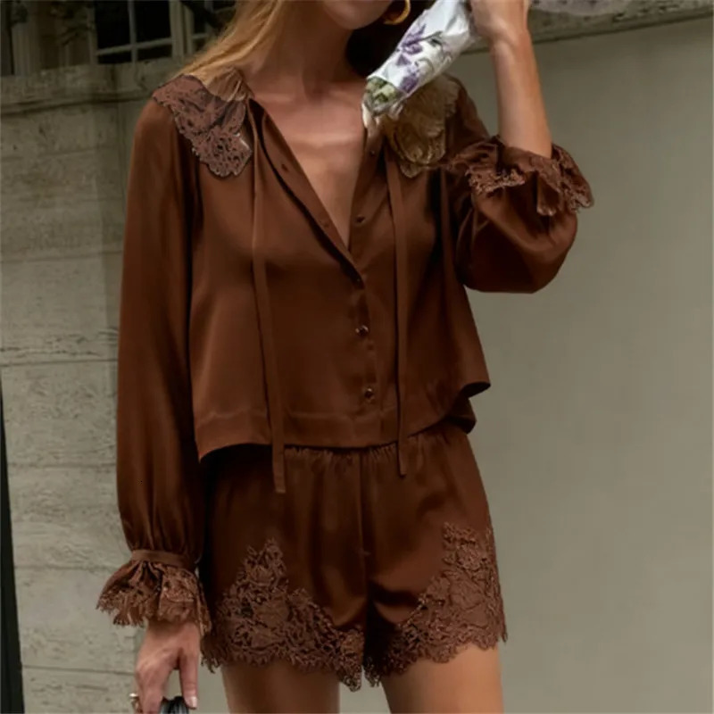 Y2K Two Piece Satin Lounge Shorts Set Women Silk Lace Trim V Neck Long Sleeve Blouse T-shirt and Shorts Elegant Lady Outfit 260509
