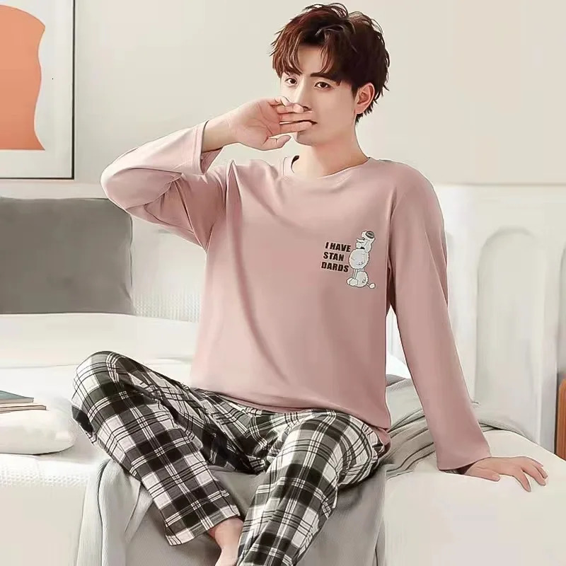 2Piece Spring And Fall Mens Pajamas Set Boys Soft LongSleeved Sleep Rest Home Party Casual Homewear 260509