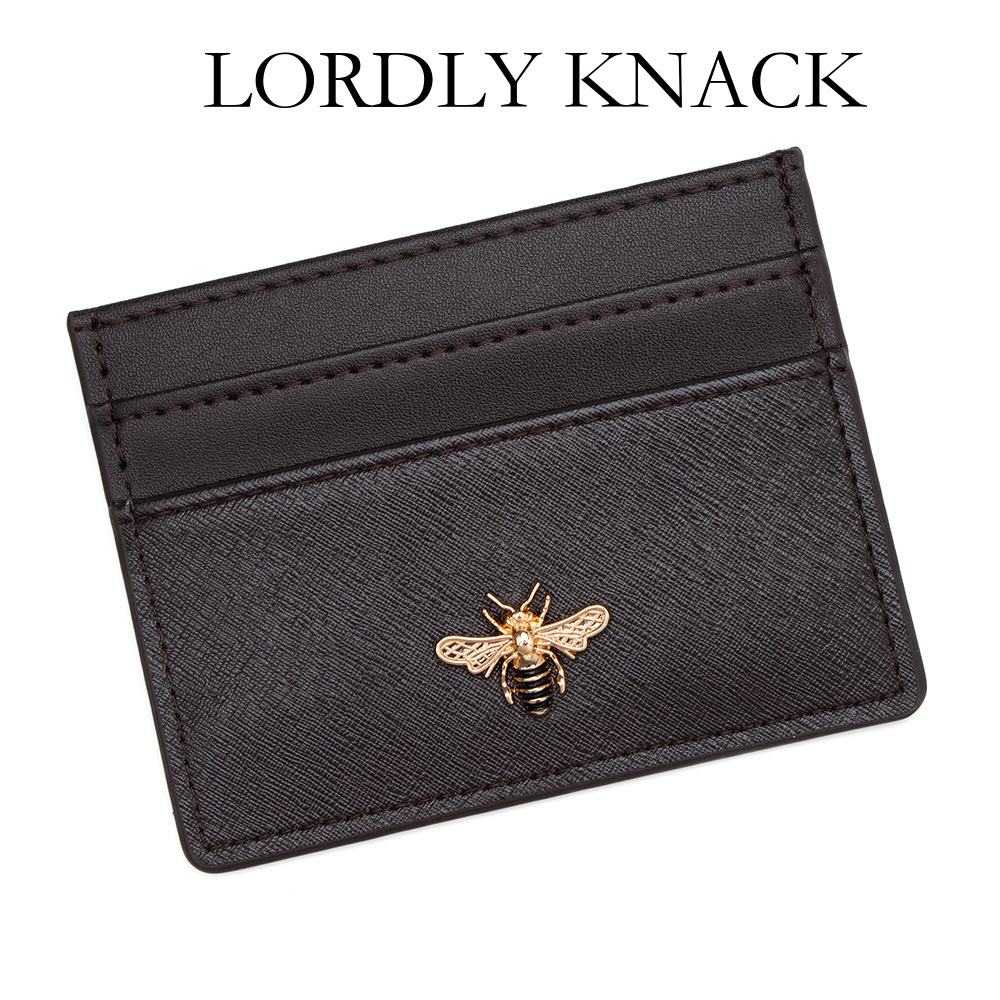 Black Brown Leather Card Holder Large Capacity All Match With Bee Shaped Metal Decoration Slim Design - view 3