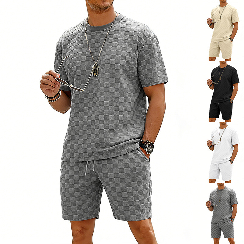 Designer 2026 Summer Checkered Men's Short-sleeve Heavy Weight Loose Luxury Fit Drop Shoulder Round Neck Casual T-shirt And Shorts Set Free Shipp