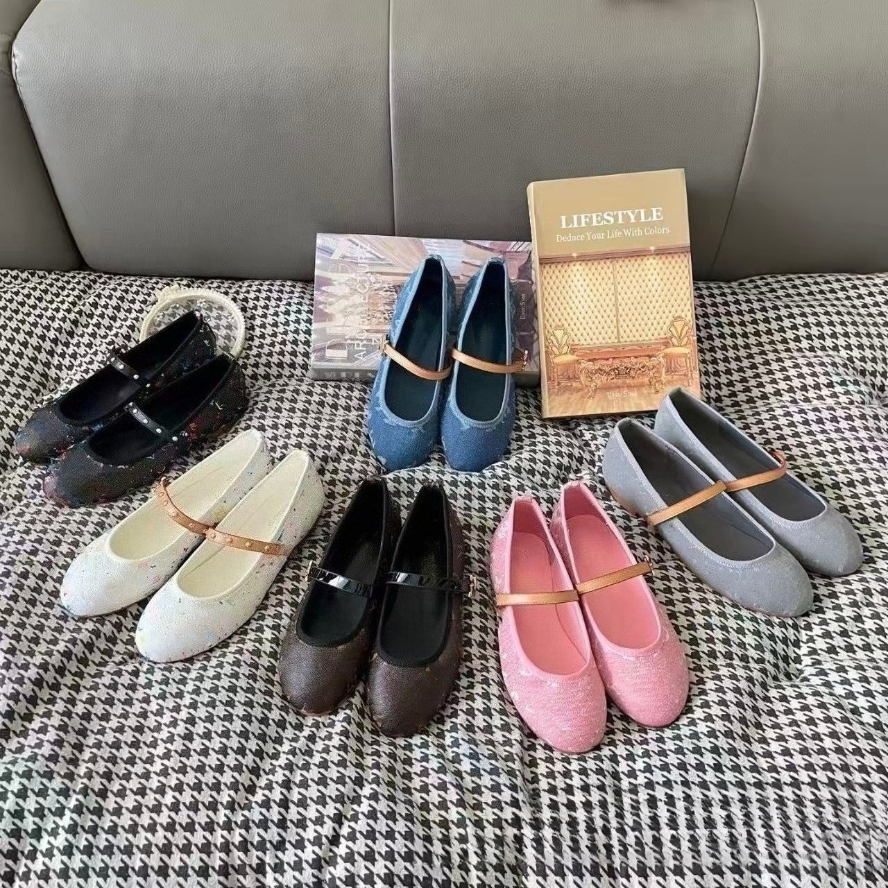 V Desginer Shoes Multicolor Print Mary Jane Flats for Women, Square Toe One-Strap Ballet Shoes, Casual Soft Sole Dress Shoes for Daily Party Gift Plus Size 35-42