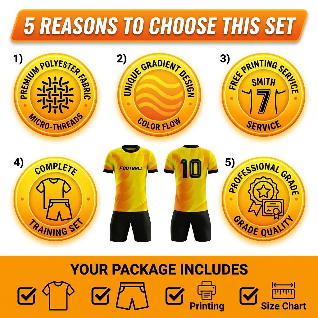 Custom Soccer Jersey Set Men Yellow Orange Swirl Football Uniform with Shorts Personalized Name Number Breathable Quick Dry Team Kit - view 8