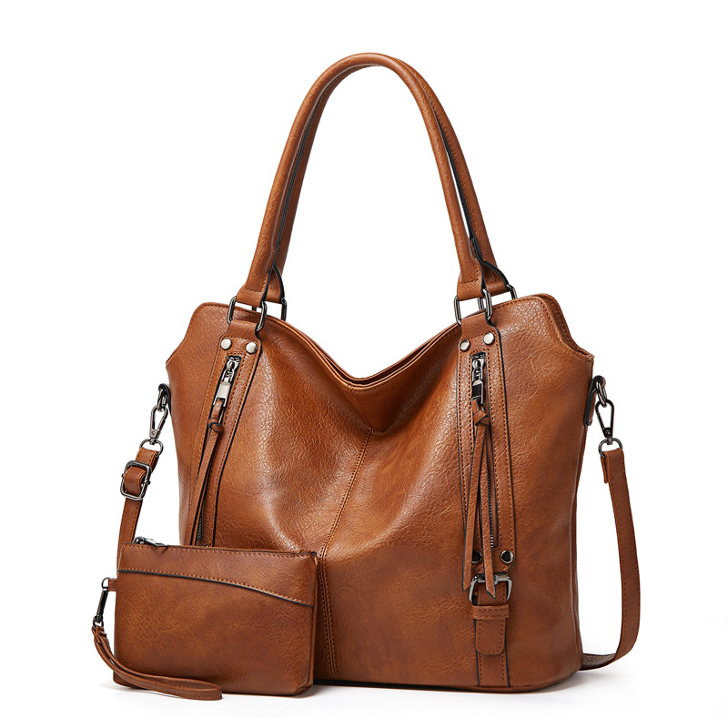 2026 New Womens Black Soft Leather Tote Bag Set Large Capacity Handbag with Detachable Strap and Coin Purse, Wholesale free shipping