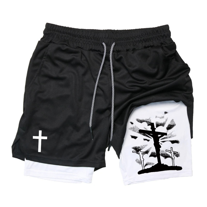 Printed 2-in-1 men's running sports Christian Gym performance shorts with phone pocket daily outfit