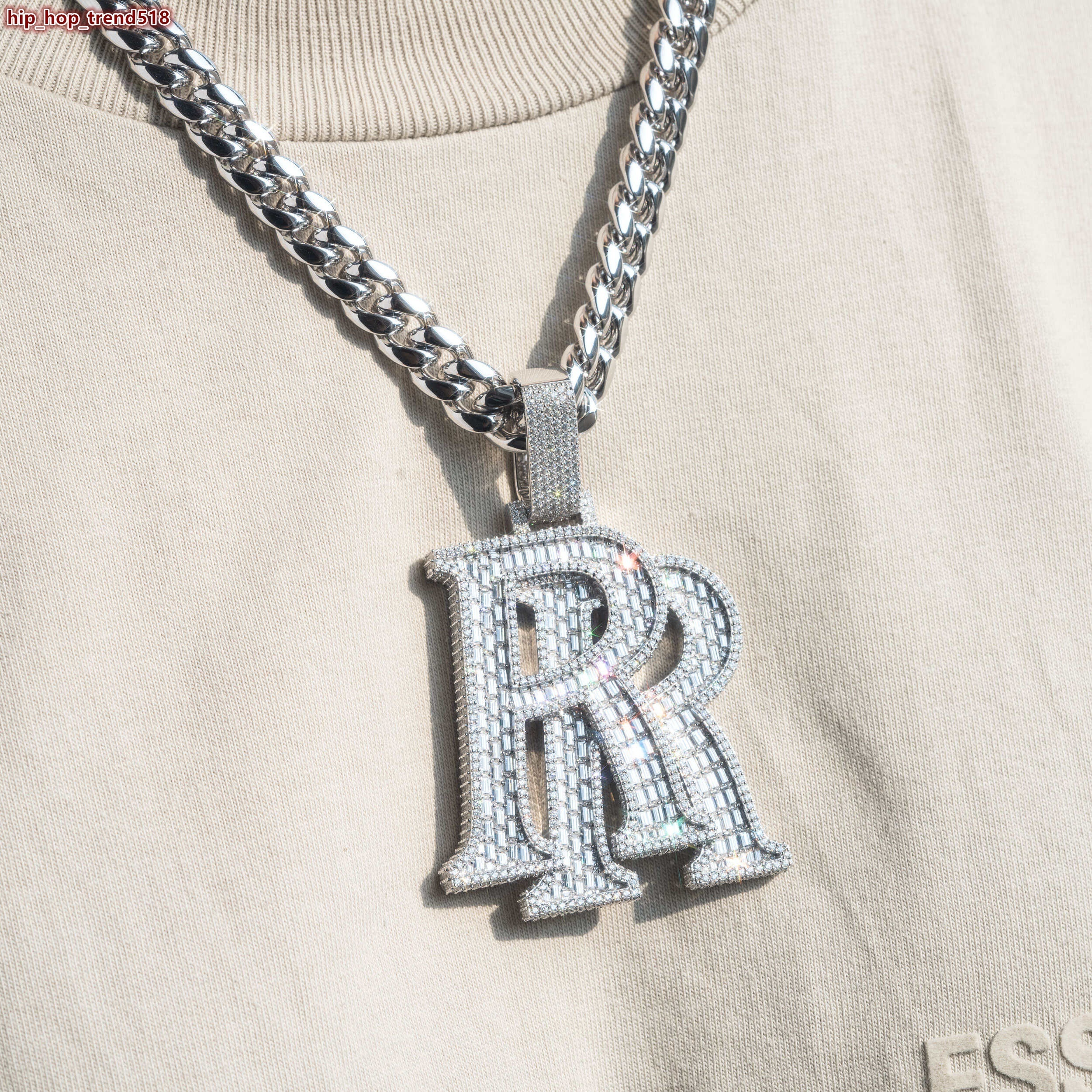 18K WhitePlating 25 Iced Out VVS Moissanite Hip Hop Rapper Jewelry Double R Initial Pendant With Cuban Chain - view 4
