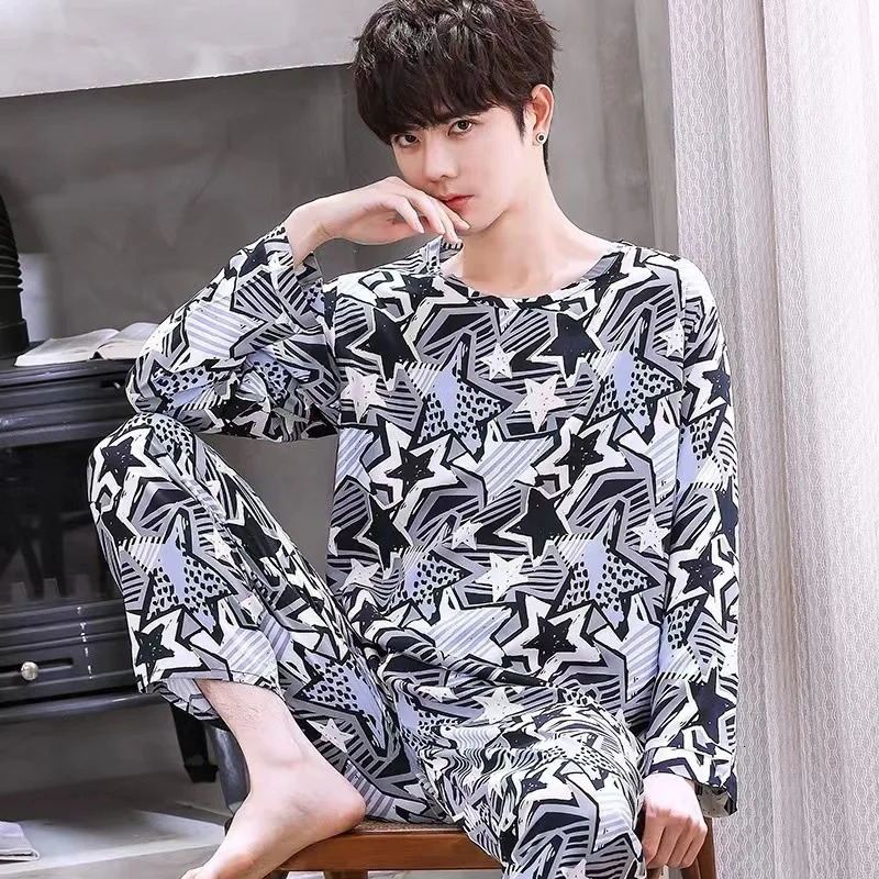 2Piece Spring And Fall Mens Pajamas Set Boys Soft LongSleeved Sleep Rest Home Party Casual Homewear 260509