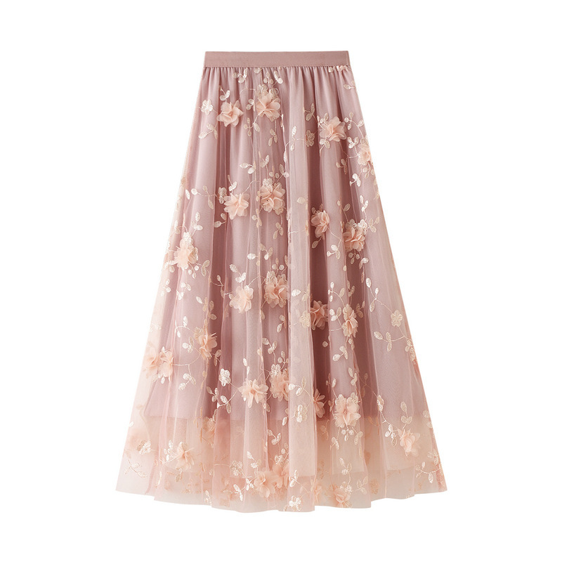 Designer Luxury Mesh Embroidery Heavy Craft Half Skirt Plus Size Gauze Luxury Designer Skirt Spring New Fashion Dress A Line Artistic High Waist Long 