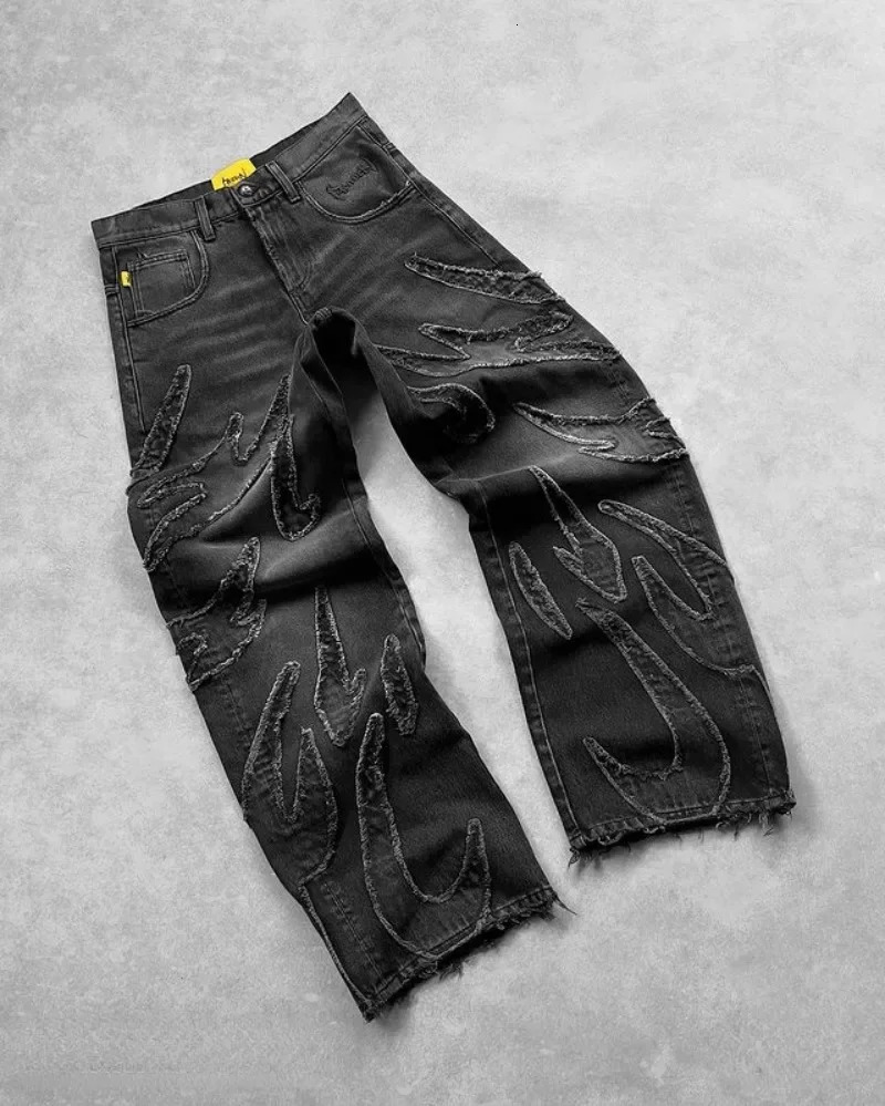 Y2K Harajuku Retro Graphic Patch Jeans Hip Hop Gothic Raw Edge Embroidery Black Baggy Wide Leg Denim Pants Mens Womens 260509