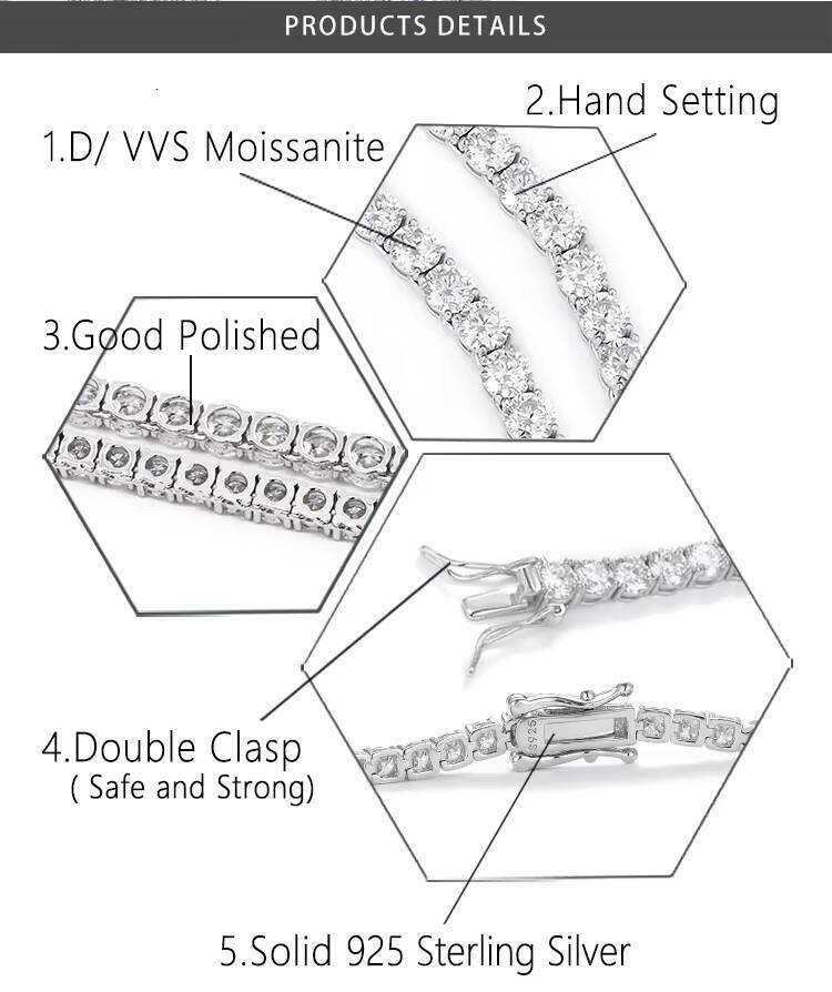 Factory Wholesale 925 Silver VVS Moissanite Tennis Chain 2mm 3mm 4mm 5mm 6mm Bracelet Necklace Hip Hop Style for Pendant