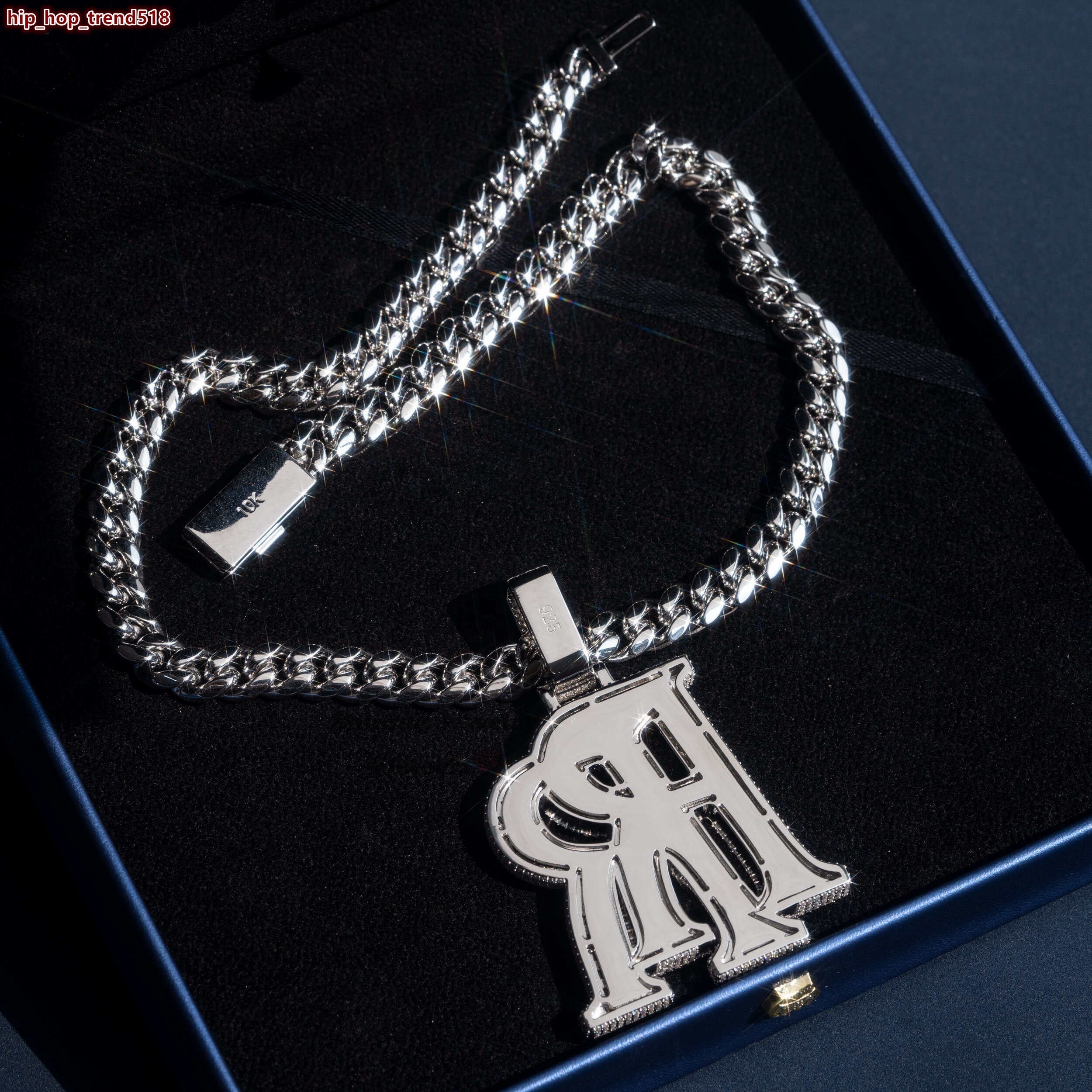 18K WhitePlating 25 Iced Out VVS Moissanite Hip Hop Rapper Jewelry Double R Initial Pendant With Cuban Chain - view 6