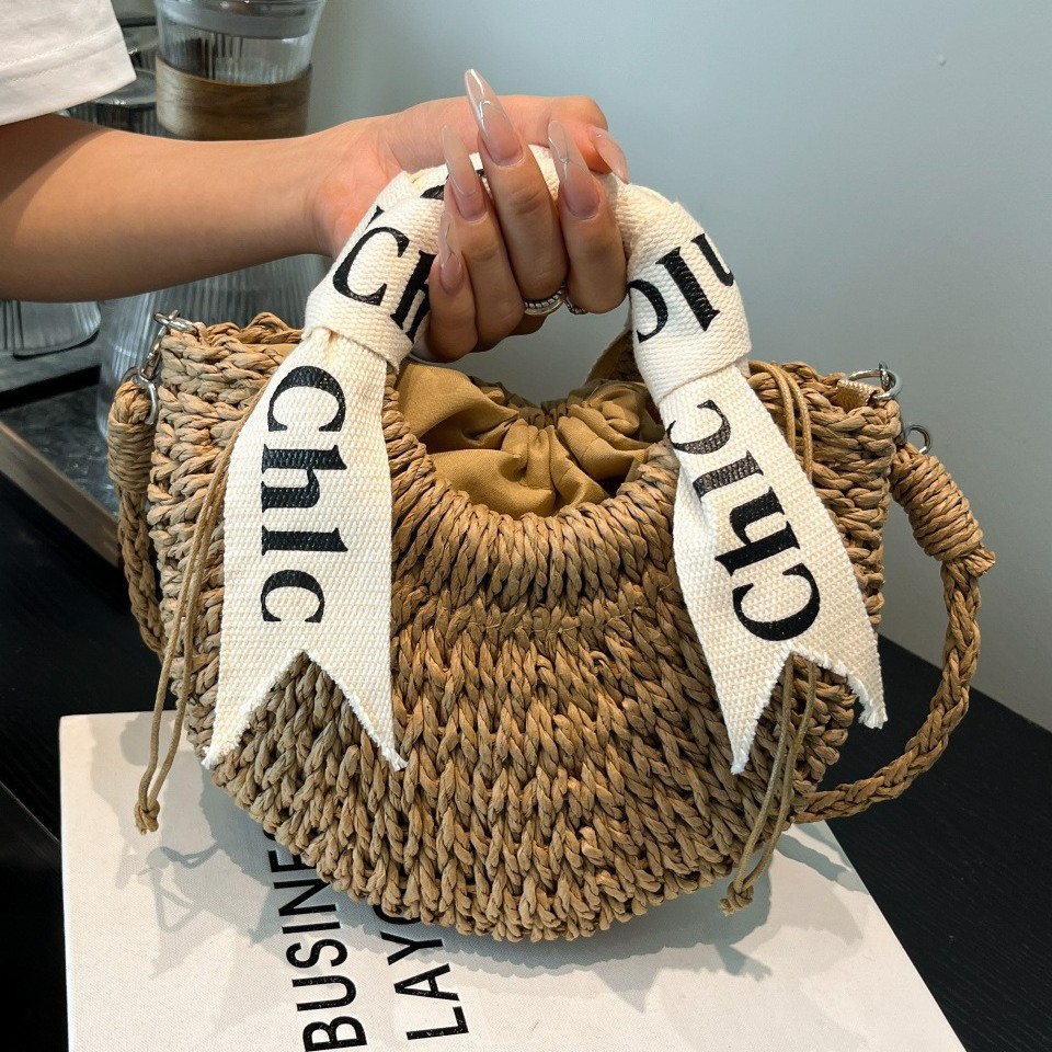 Hot Fashion Ribbon Decor Straw Designer Cross body Bag Mini Woven Round Beach Tote Women's Summer Handbag
