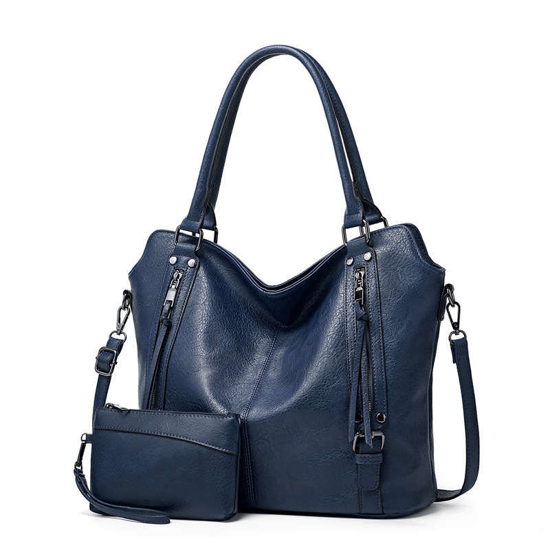 2026 New Womens Black Soft Leather Tote Bag Set Large Capacity Handbag with Detachable Strap and Coin Purse, Wholesale free shipping