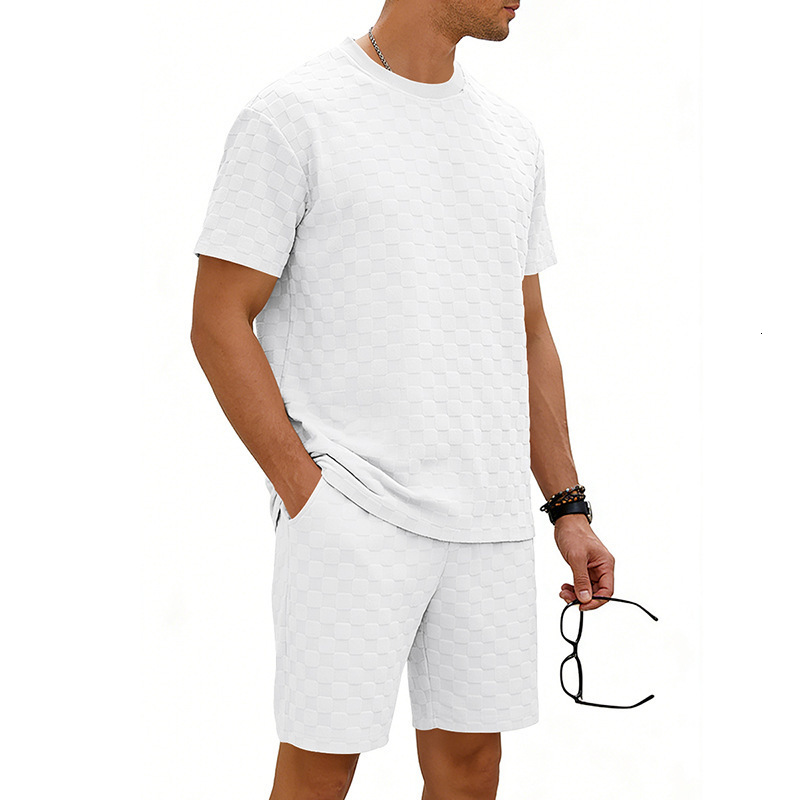 Designer 2026 Summer Checkered Men's Short-sleeve Heavy Weight Loose Luxury Fit Drop Shoulder Round Neck Casual T-shirt And Shorts Set Free Shipp