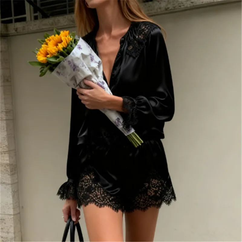 Y2K Two Piece Satin Lounge Shorts Set Women Silk Lace Trim V Neck Long Sleeve Blouse T-shirt and Shorts Elegant Lady Outfit 260509
