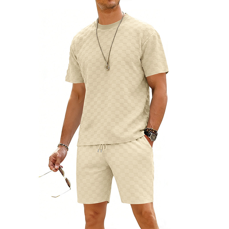 Designer 2026 Summer Checkered Men's Short-sleeve Heavy Weight Loose Luxury Fit Drop Shoulder Round Neck Casual T-shirt And Shorts Set Free Shipp