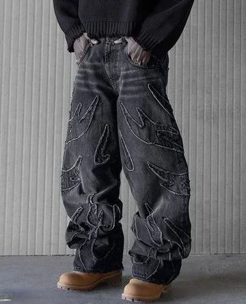 Y2K Harajuku Retro Graphic Patch Jeans Hip Hop Gothic Raw Edge Embroidery Black Baggy Wide Leg Denim Pants Mens Womens 260509