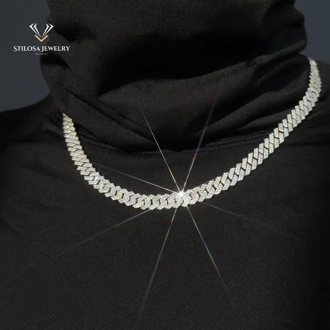 Solid 14k 925 Silver Chain Necklace Gold Miami Cuban Chain Iced Out Hop Jewelry Vvs Moissanite