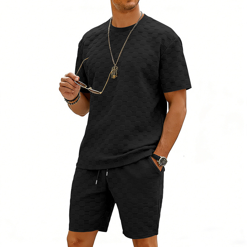 Designer 2026 Summer Checkered Men's Short-sleeve Heavy Weight Loose Luxury Fit Drop Shoulder Round Neck Casual T-shirt And Shorts Set Free Shipp