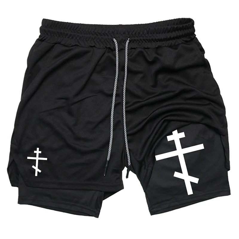 Printed 2-in-1 men's running sports Christian Gym performance shorts with phone pocket daily outfit