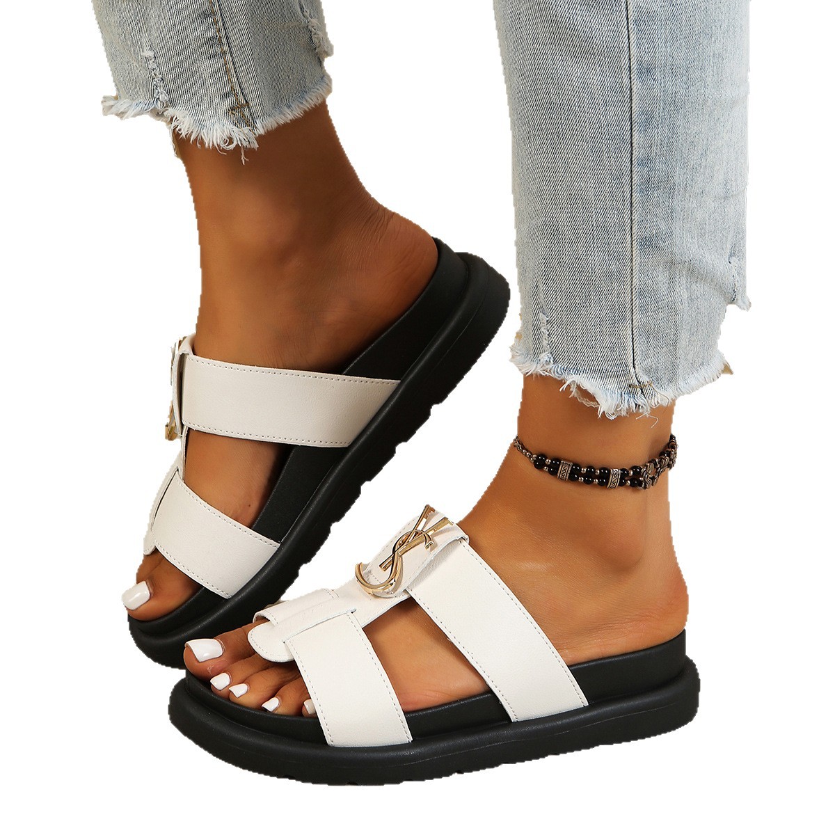 Free shipping 2026 luxury shoes Womens Thick Heel Slides Black Toe-Show Metal Letter Thick Summer Casual Beach Slippers