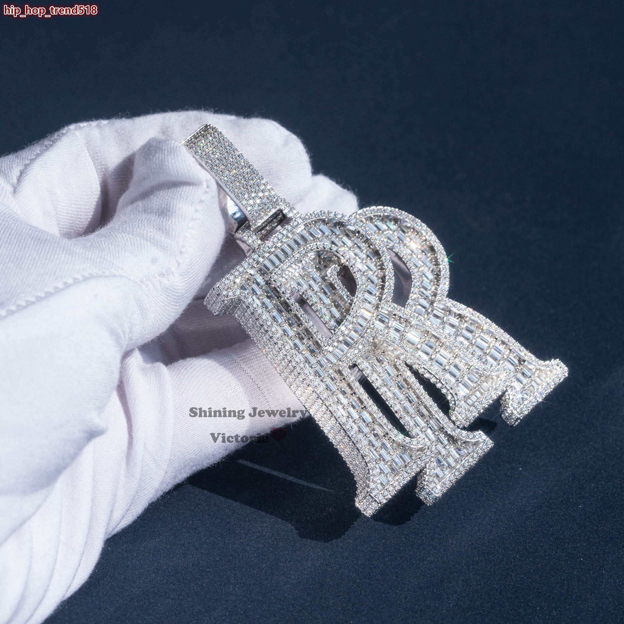 18K WhitePlating 25 Iced Out VVS Moissanite Hip Hop Rapper Jewelry Double R Initial Pendant With Cuban Chain - view 7