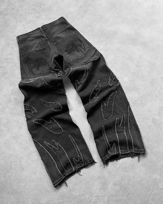 Y2K Harajuku Retro Graphic Patch Jeans Hip Hop Gothic Raw Edge Embroidery Black Baggy Wide Leg Denim Pants Mens Womens 260509