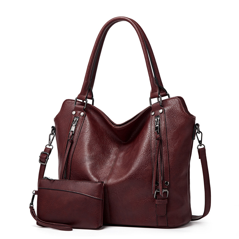 2026 New Womens Black Soft Leather Tote Bag Set Large Capacity Handbag with Detachable Strap and Coin Purse, Wholesale free shipping