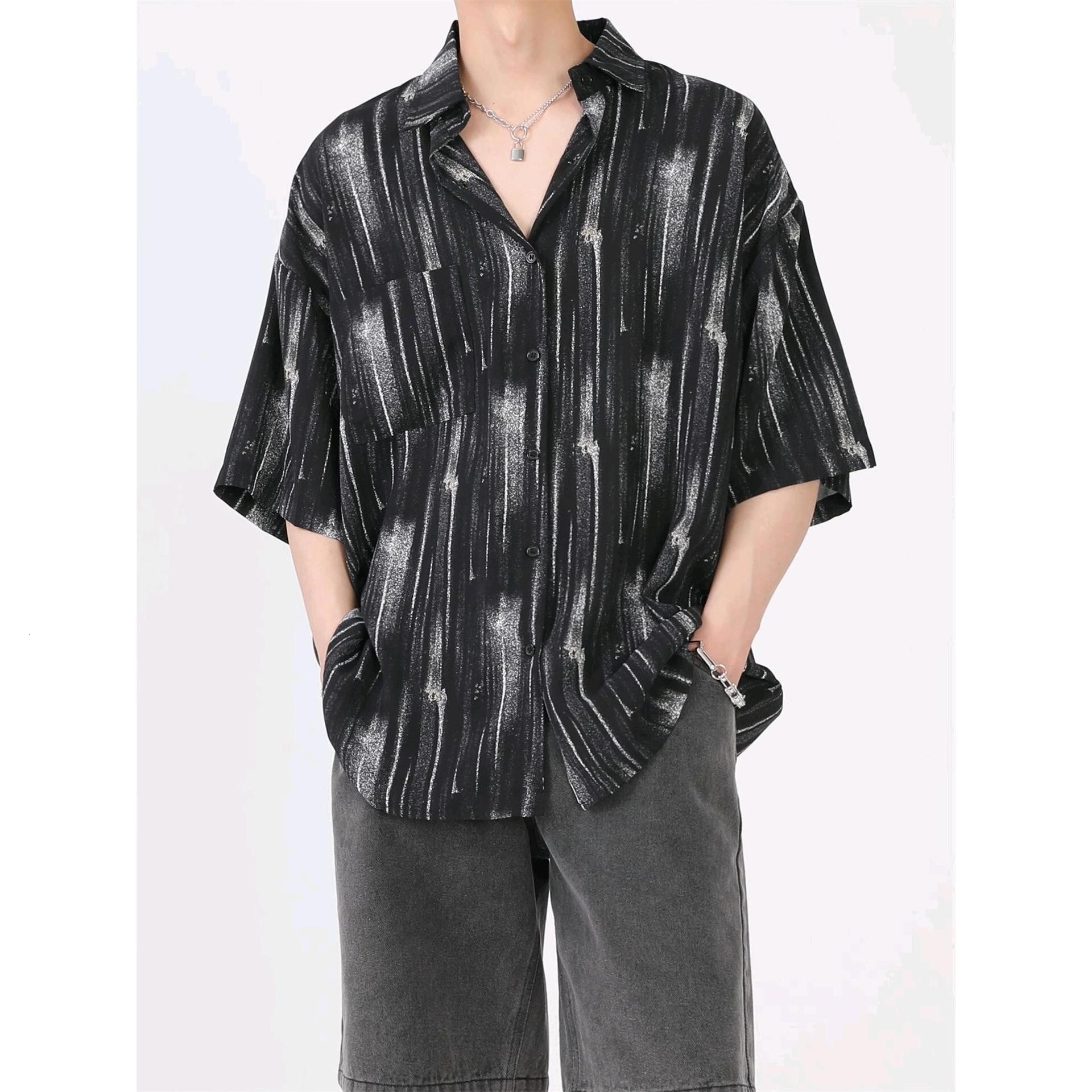 Bestseller Yohji Yamamoto Style Niche Design Striped For Men, Casual Beach Style, Lightweight Short-Sleeved Oversized Shirt T-Shirt Ddmysat