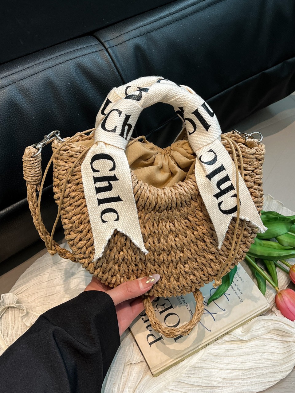 Hot Fashion Ribbon Decor Straw Designer Cross body Bag Mini Woven Round Beach Tote Women's Summer Handbag