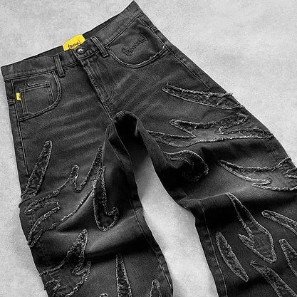 Y2K Harajuku Retro Graphic Patch Jeans Hip Hop Gothic Raw Edge Embroidery Black Baggy Wide Leg Denim Pants Mens Womens 260509