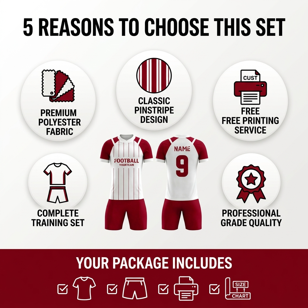 Custom Soccer Jersey Set Men Red White Vertical Stripe Football Uniform with Shorts Personalized Name Number Breathable Quick Dry Kit - view 8